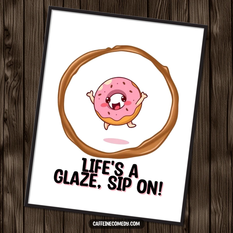 Funny Free Printable Wall Art: Cheerful donut character joyfully leaping through a ring of coffee steam, bringing sweet vibes.