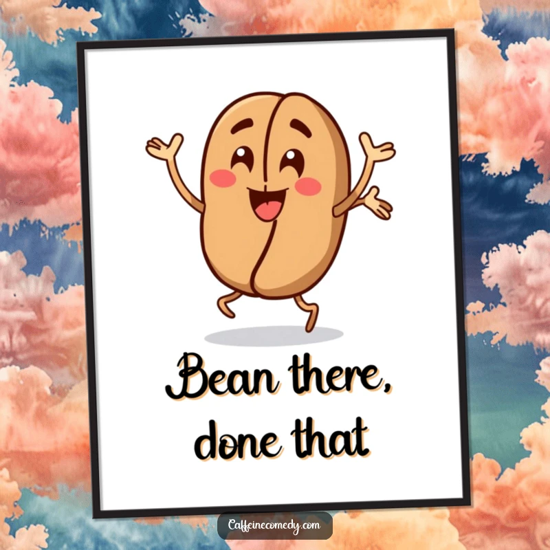 Funny Free Printable Wall Art showcasing an energetic coffee bean character performing enthusiastic jumping jacks, adding humor to any room.