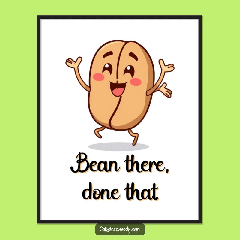 Funny Free Printable Wall Art: Energetic Coffee Bean Character Doing Jumps