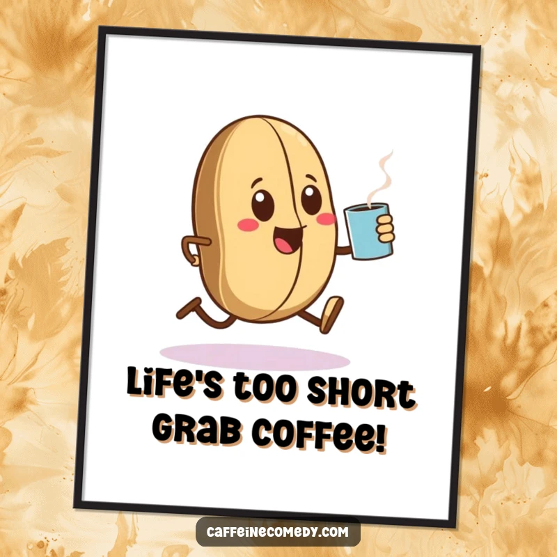 Funny Free Printable Wall Art: Kawaii coffee bean character excitedly sprinting with a steaming mug, perfect for a coffee nook.
