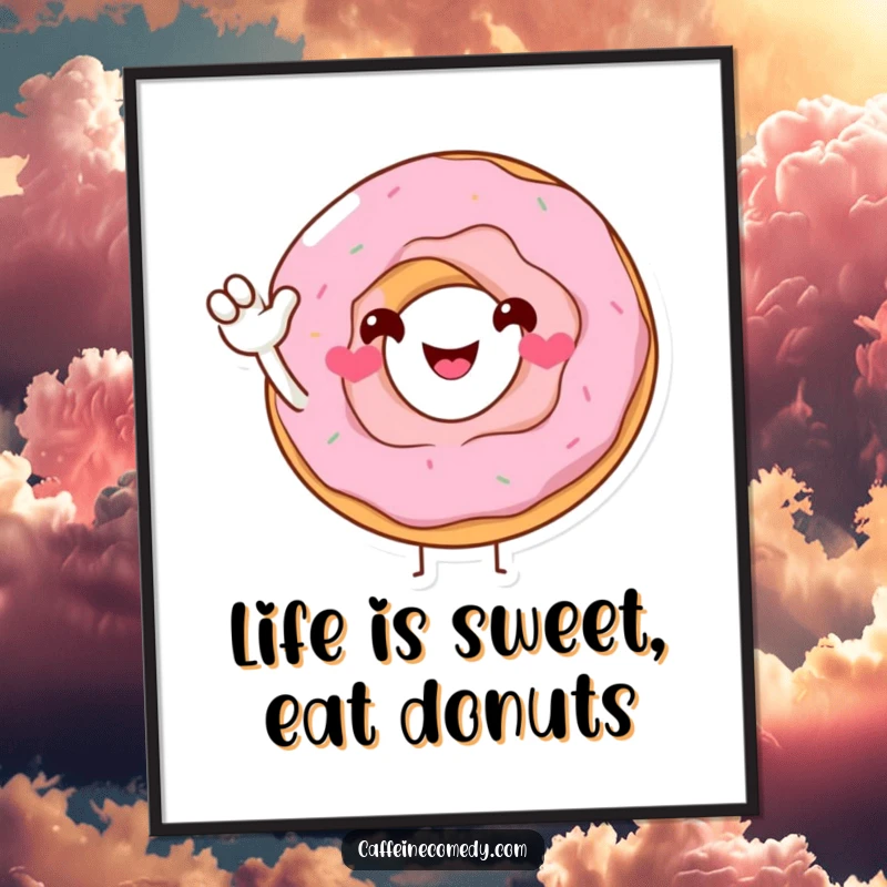 Funny Free Printable Wall Art showcasing a smiling donut character offering a sugary wave, a delightful piece of humorous food art.