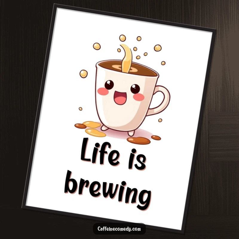 Funny free printable wall art of a cute Kawaii coffee cup character excitedly pouring bubbly liquid, adding a cheerful touch to decor.