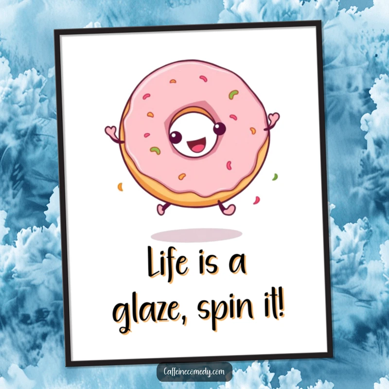 Funny Free Printable Wall Art of a colorful donut character spinning blissfully, adding a playful and sweet vibe to decor.