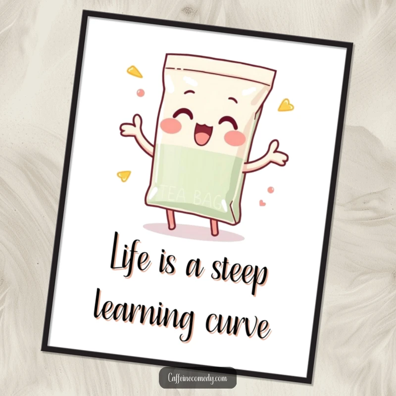 Funny free printable wall art: a playful tea bag character enthusiastically dunking itself into an imaginary cup, full of life.