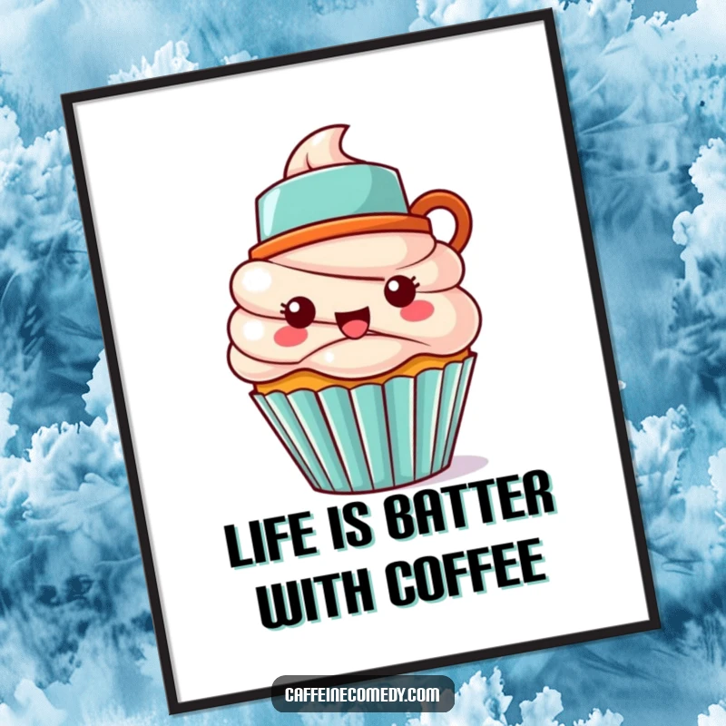 Funny Free Printable Wall Art featuring a playful Kawaii cupcake character sporting a tiny coffee mug as a hat, looking delightful.