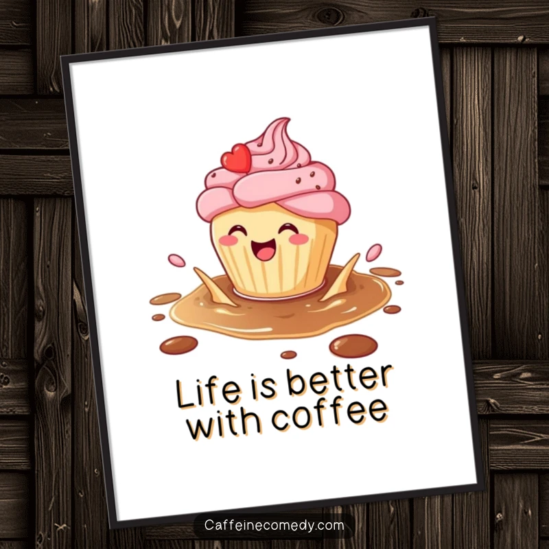 Funny Free Printable Wall Art: A smiling cupcake character gleefully splashing in a coffee puddle, bringing sweet cheer.