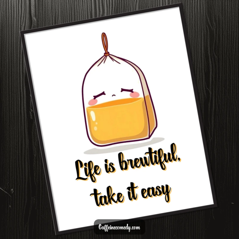 Funny free printable wall art of a sleepy tea bag character closing its eyes and drooping its string, perfect for a cozy and humorous home.