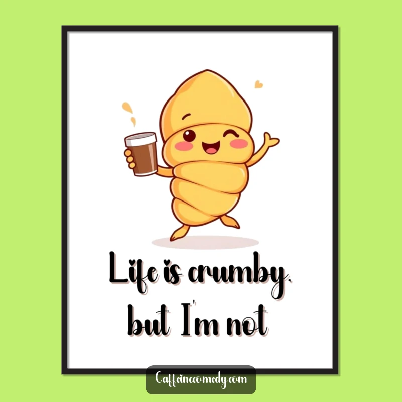 Funny Free Printable Wall Art: Croissant Character Jigging with Coffee Cup Art