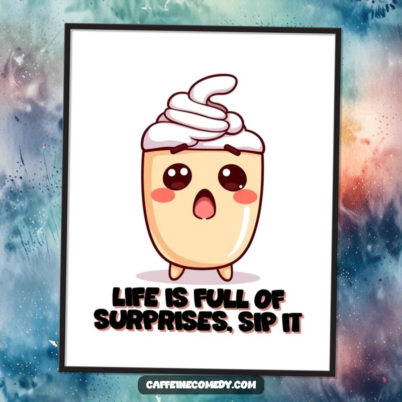 Funny free printable wall art of a shocked latte character with wide-eyed foam, perfect for adding a humorous touch to any room.