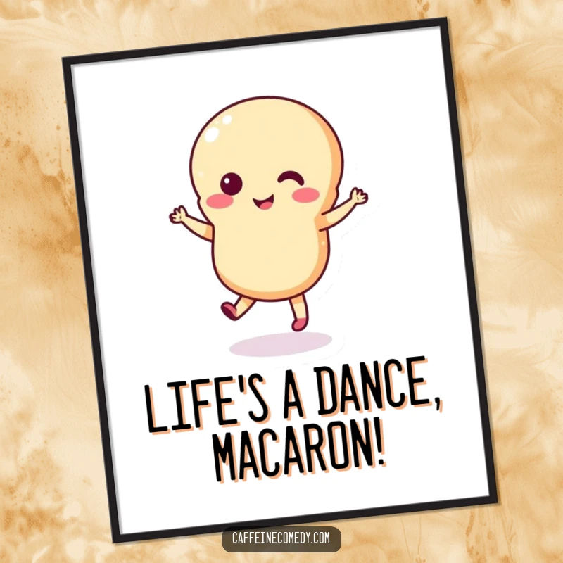 Funny free printable wall art of a charming macaron character doing a silly dance, adding a touch of sweetness.