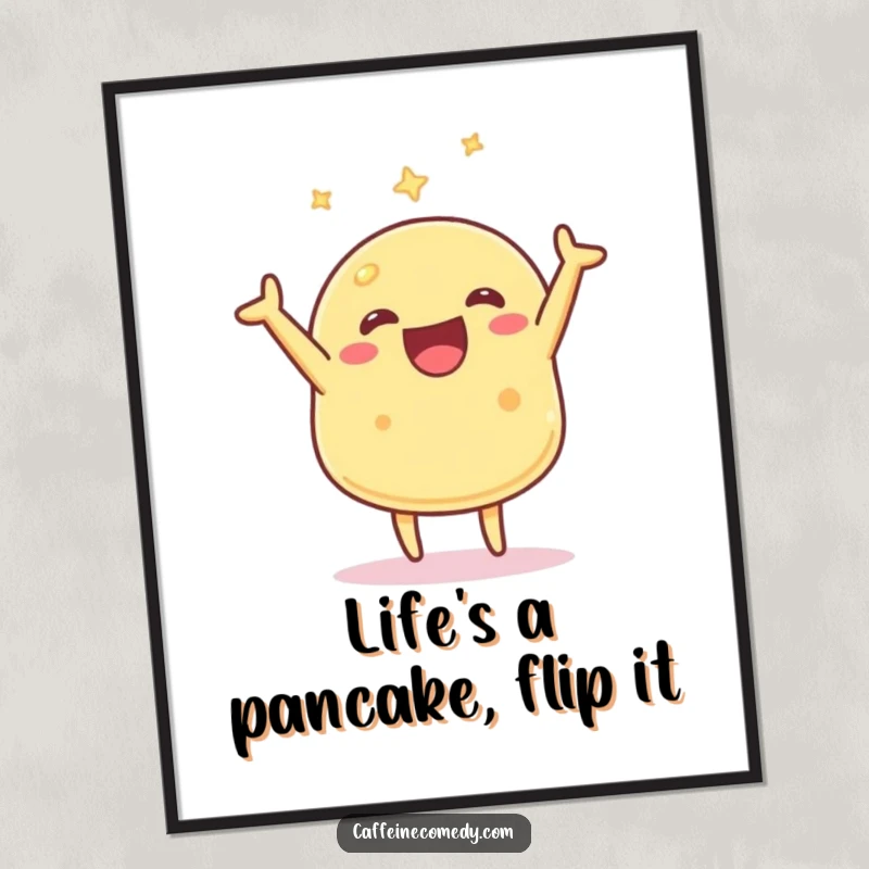Funny Free Printable Wall Art: A dynamic Kawaii pancake character enthusiastically flipping itself in the air.