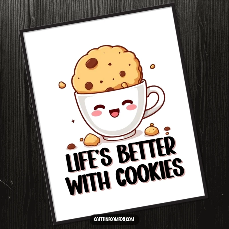 Funny Free Printable Wall Art: A kawaii cookie joyfully crumbling with delight while diving into a coffee.