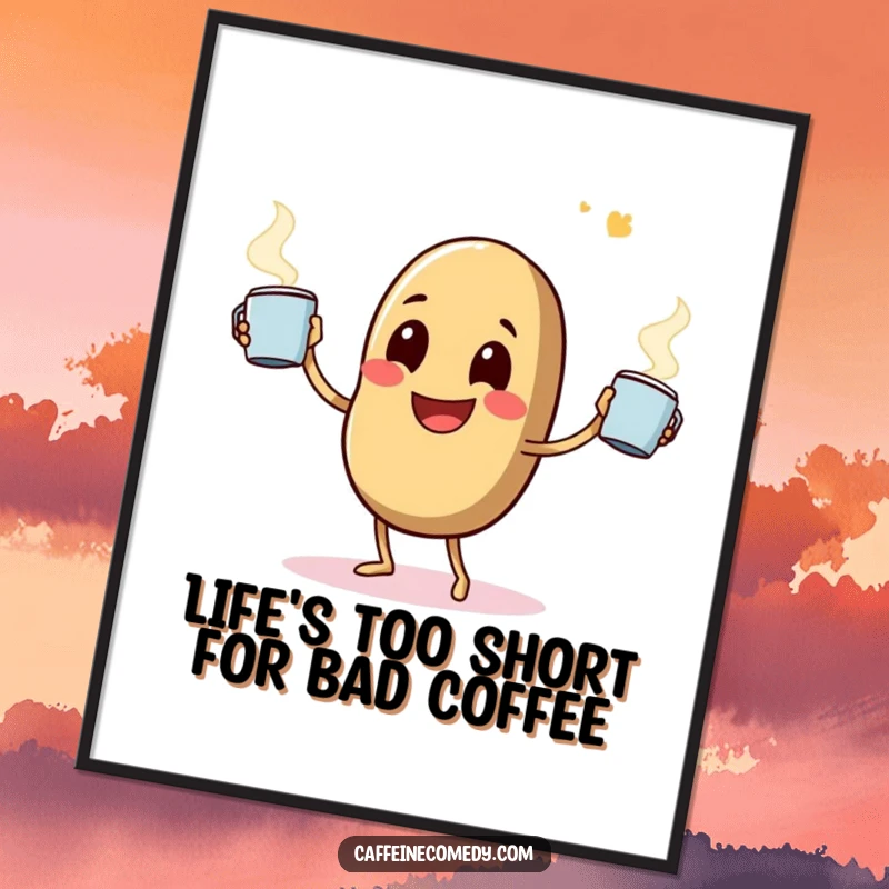 Funny Free Printable Wall Art: A happy coffee bean comically juggles multiple steaming mugs, radiating cheerful energy.