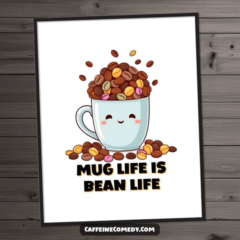 Funny free printable wall art of a beaming mug overflowing with colorful coffee beans, a stimulating and humorous downloadable art.