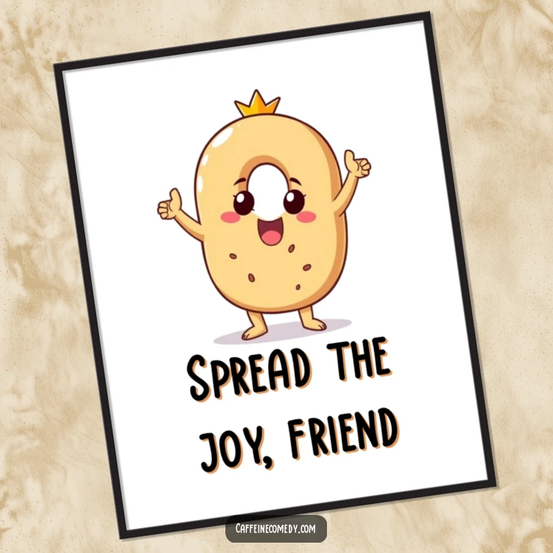 Funny free printable wall art of a beaming bagel character doing an energetic victory dance, perfect for adding a cheerful touch.