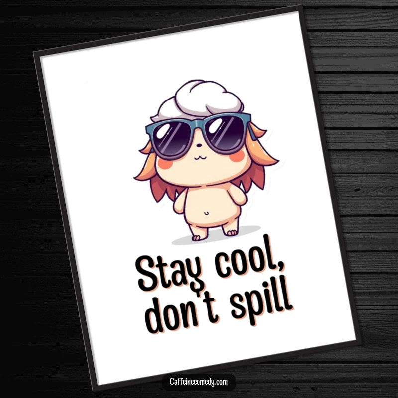 Free printable wall art: a super cool cold brew character wearing tiny sunglasses, looking effortlessly relaxed and stylish.