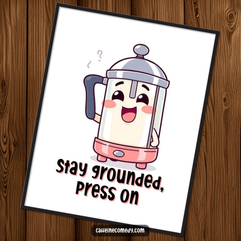 Funny free printable wall art of a smiling French press character comically steaming with great excitement and charm.