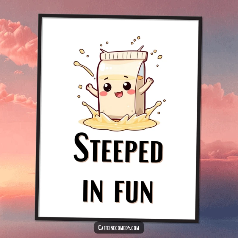 Funny free printable wall art featuring a mischievous tea bag character playfully splashing, adding a touch of quirky humor to any room.