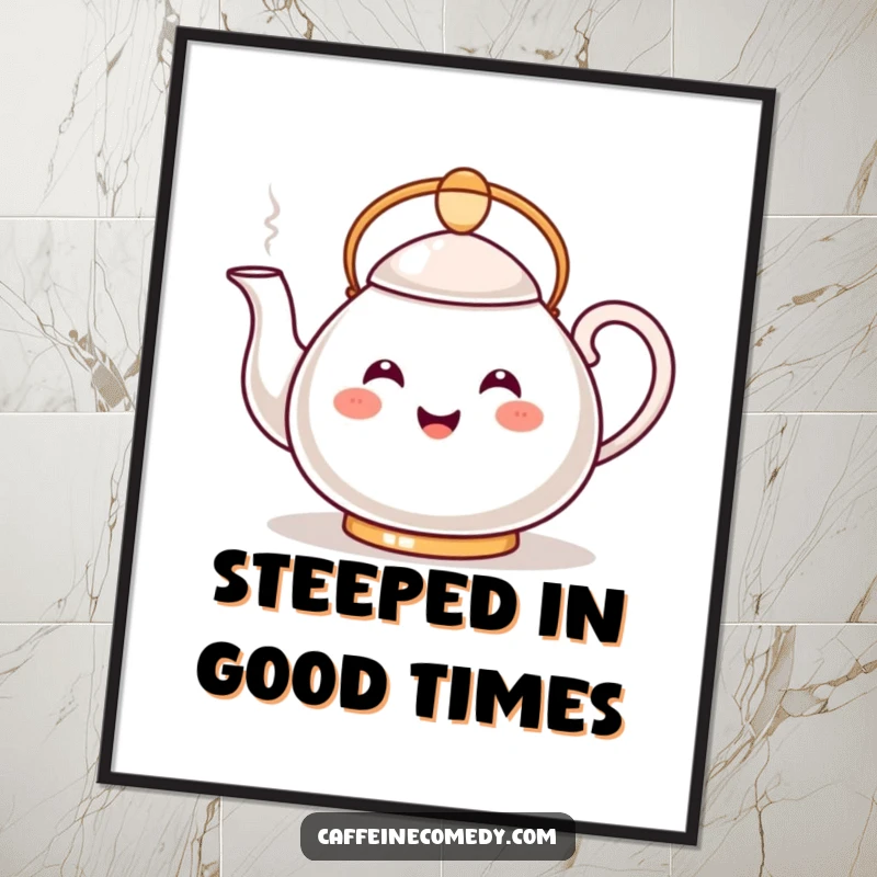 Funny Free Printable Wall Art: A kawaii teapot with a happy expression pouring a gentle, steamy stream, creating a cozy atmosphere.