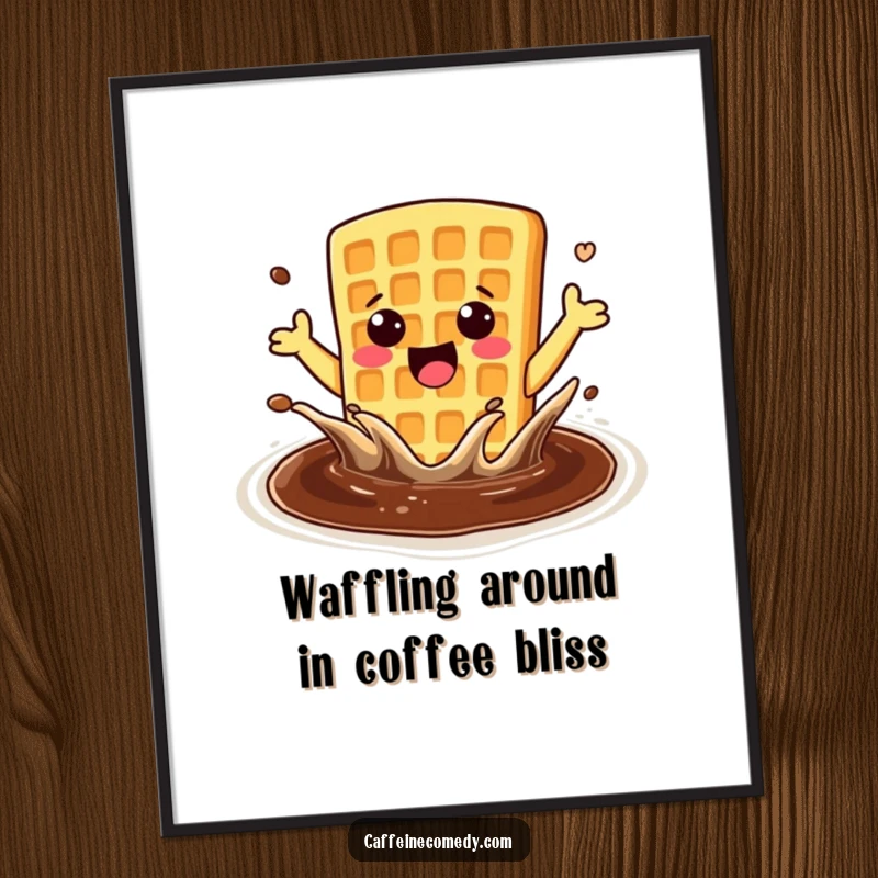 Funny Free Printable Wall Art: Kawaii enthusiastic waffle gleefully splashing in a big pool of coffee, pure fun.