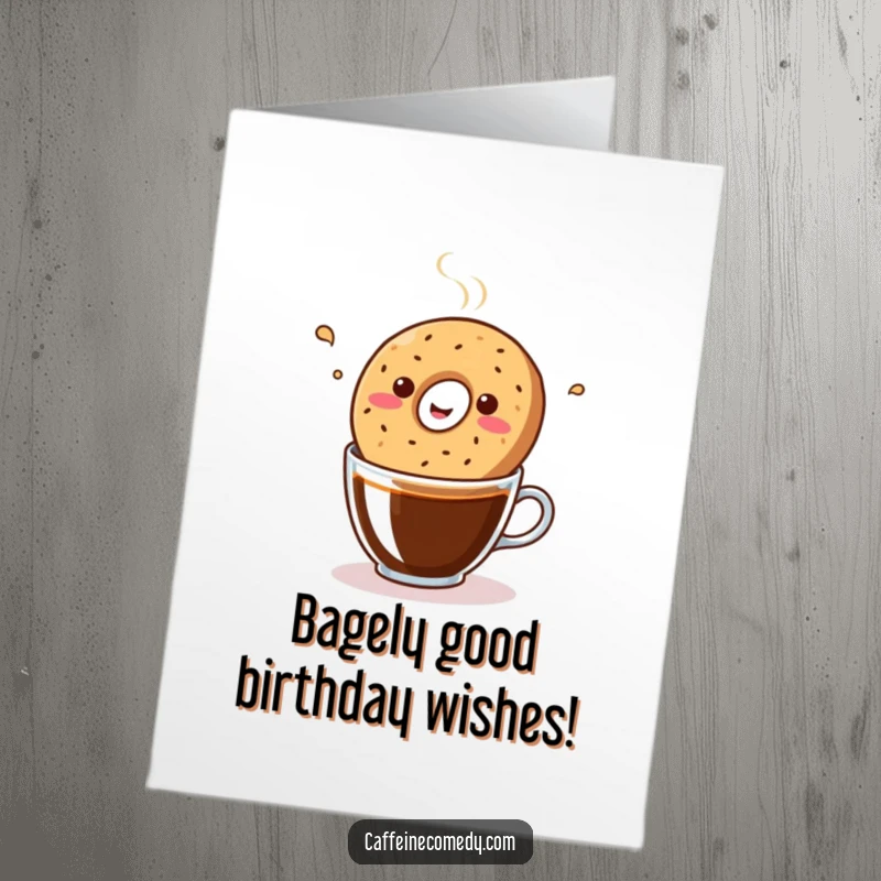 Funny Free Printable Birthday Card: Smiling kawaii bagel joyfully bopping in a coffee cup, ready to celebrate.