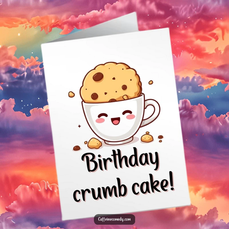 Funny Free Printable Birthday Card: A kawaii cookie crumbling with delight while diving into a coffee cup.