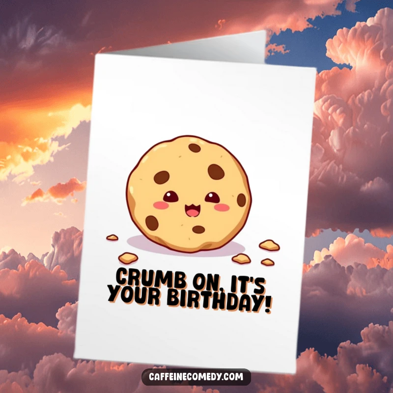 Funny free printable birthday card showing a mischievous cookie leaving a trail of crumbs, a sweet and humorous downloadable gift.