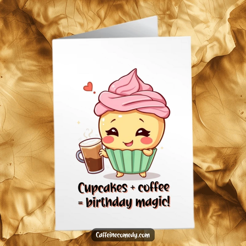 Funny Free Printable Birthday Card: Giggling cupcake in dramatic pose spills frothy coffee, perfect for a laugh.