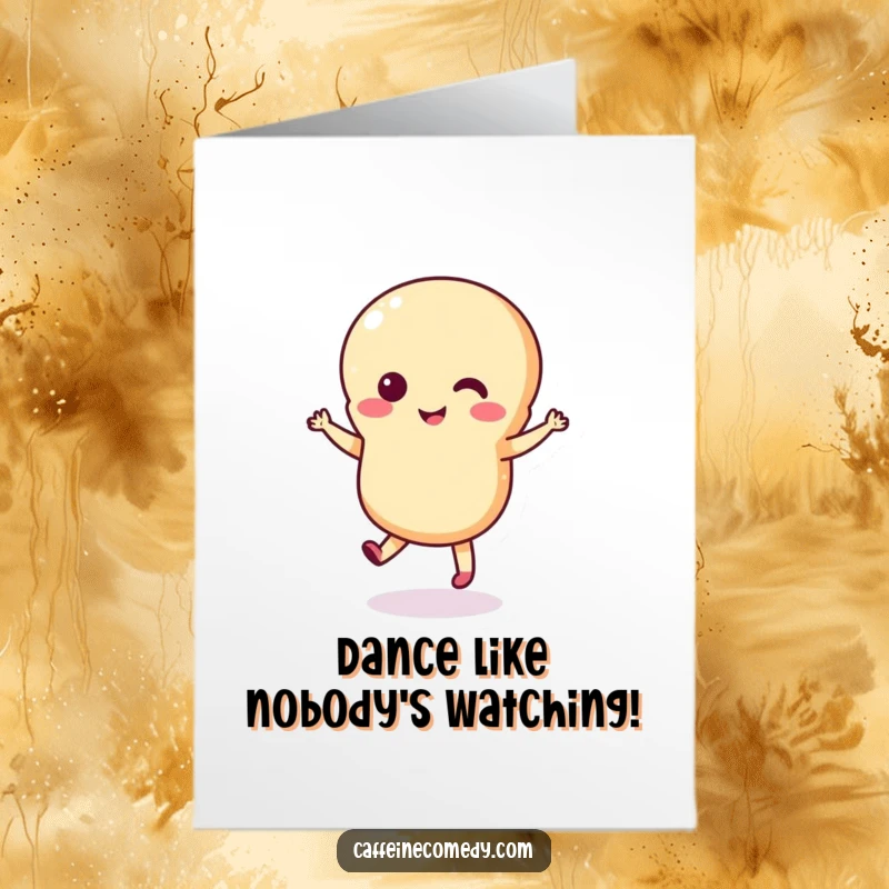 Funny free printable birthday card featuring a cute macaron character joyfully dancing with tiny feet, ready to celebrate.