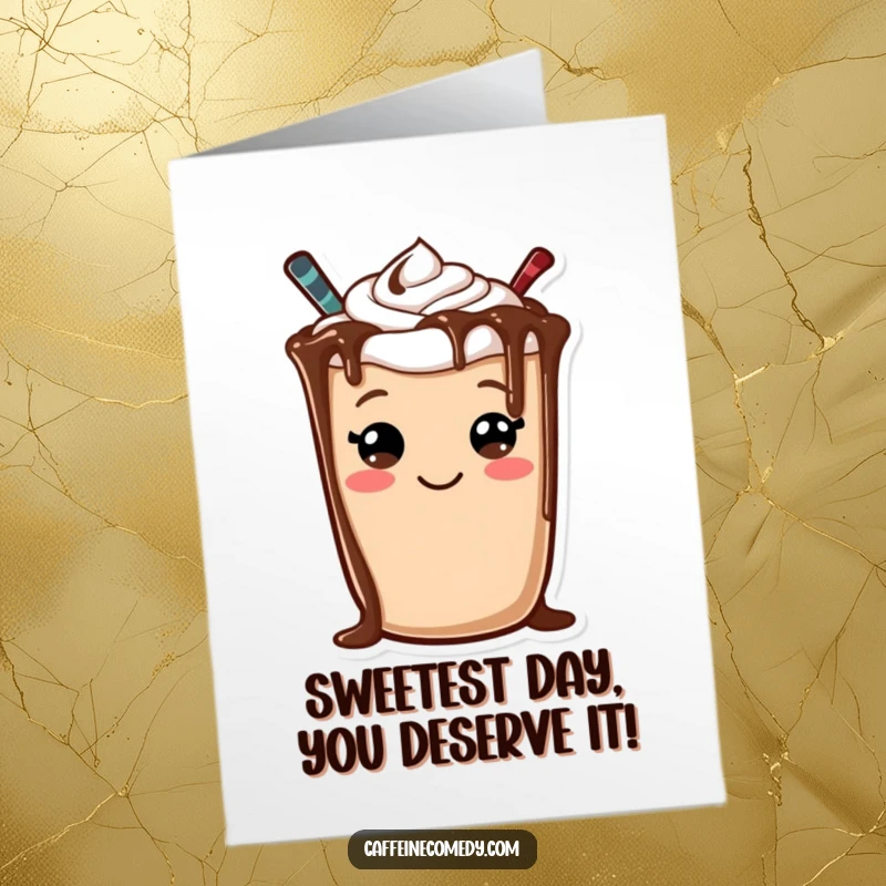 Funny free printable birthday card: a cheerful mocha character with chocolate drizzle forming a big, happy smiley face.