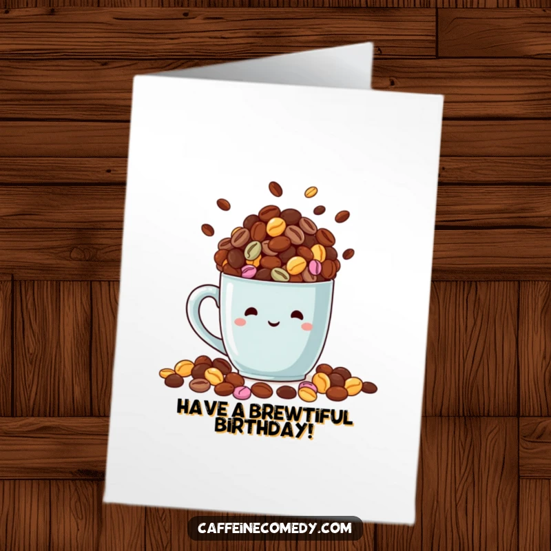 Funny free printable birthday card featuring a beaming mug overflowing with colorful coffee beans, a delightful downloadable gift for java fans.