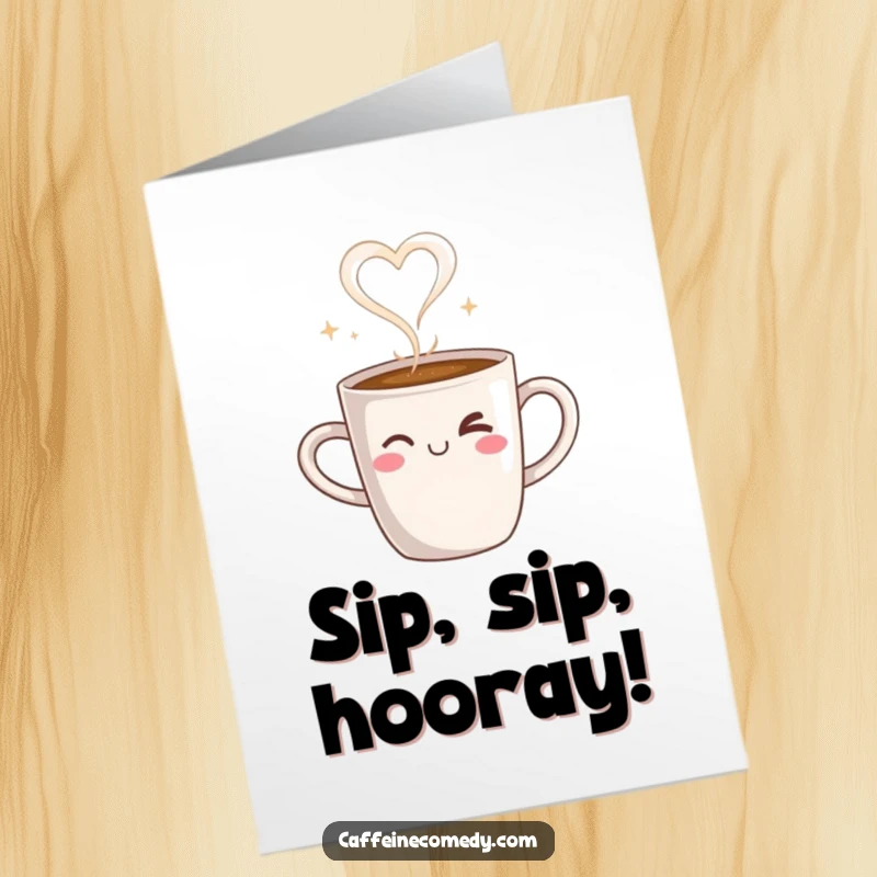 Funny Free Printable Birthday Card: Coffee mug winks, steam forms a heart, sending love and warm wishes on a birthday.