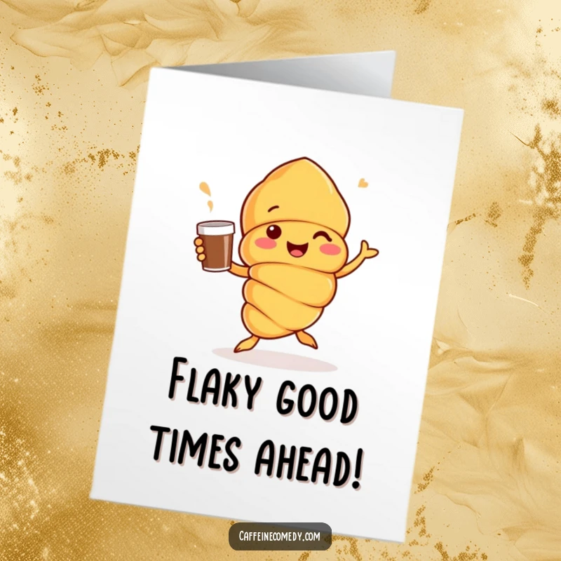 Funny Free Printable Birthday Card: Cheerful croissant character dancing a jig with coffee, celebrating joyfully.