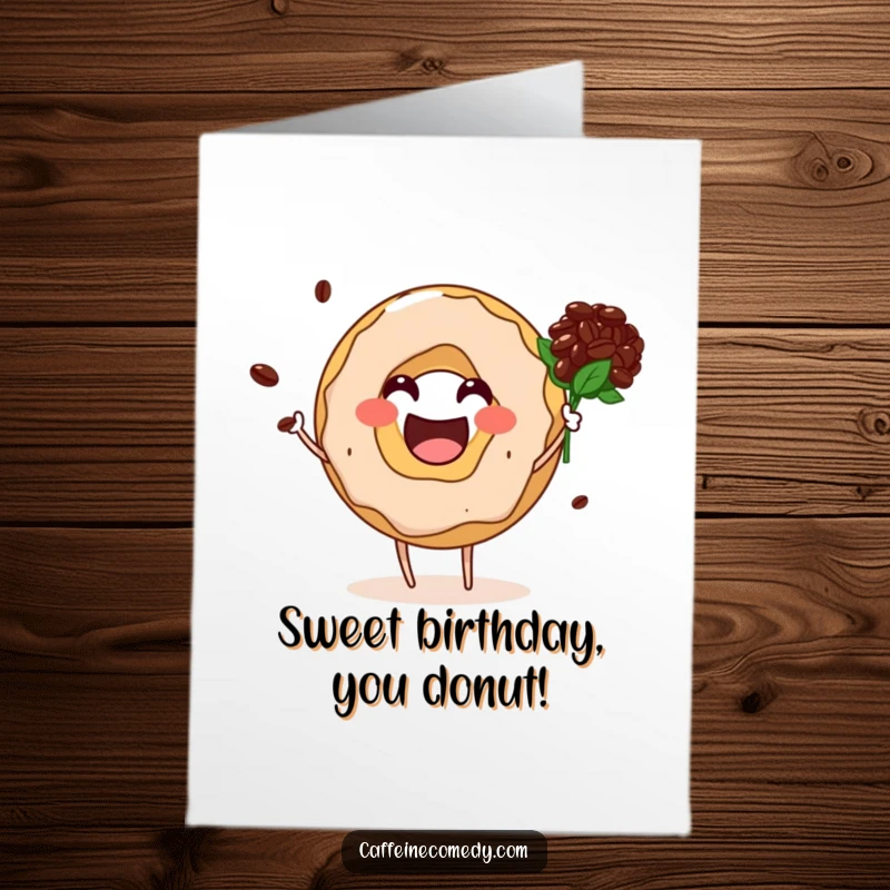 Funny free printable birthday card featuring a happy donut hole character offering a bouquet of coffee beans with a huge grin.