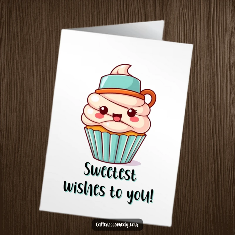 Funny Free Printable Birthday Card of a playful Kawaii cupcake character wearing a tiny coffee mug as a hat, looking cheerful.