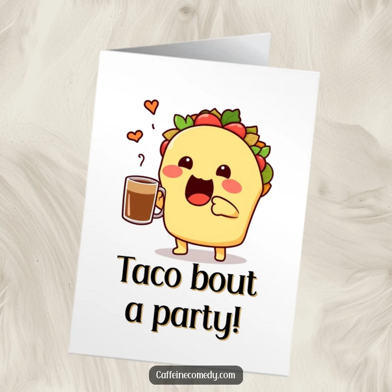Funny Free Printable Birthday Card: Cute taco character enthusiastically toasting a coffee mug for a birthday.