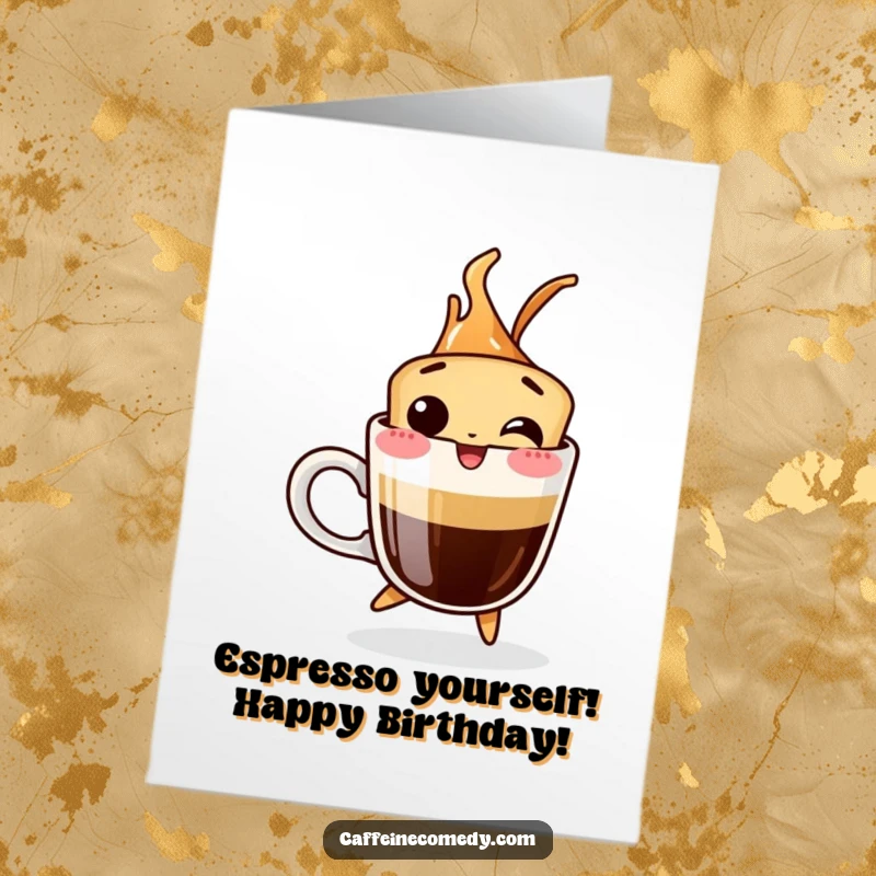Funny Free Printable Birthday Card: A giggling espresso shot bursts out of its cup with birthday excitement.