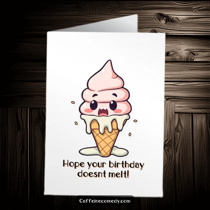 Funny Free Printable Birthday Card: A surprised Kawaii ice cream cone character melting dramatically in shock.