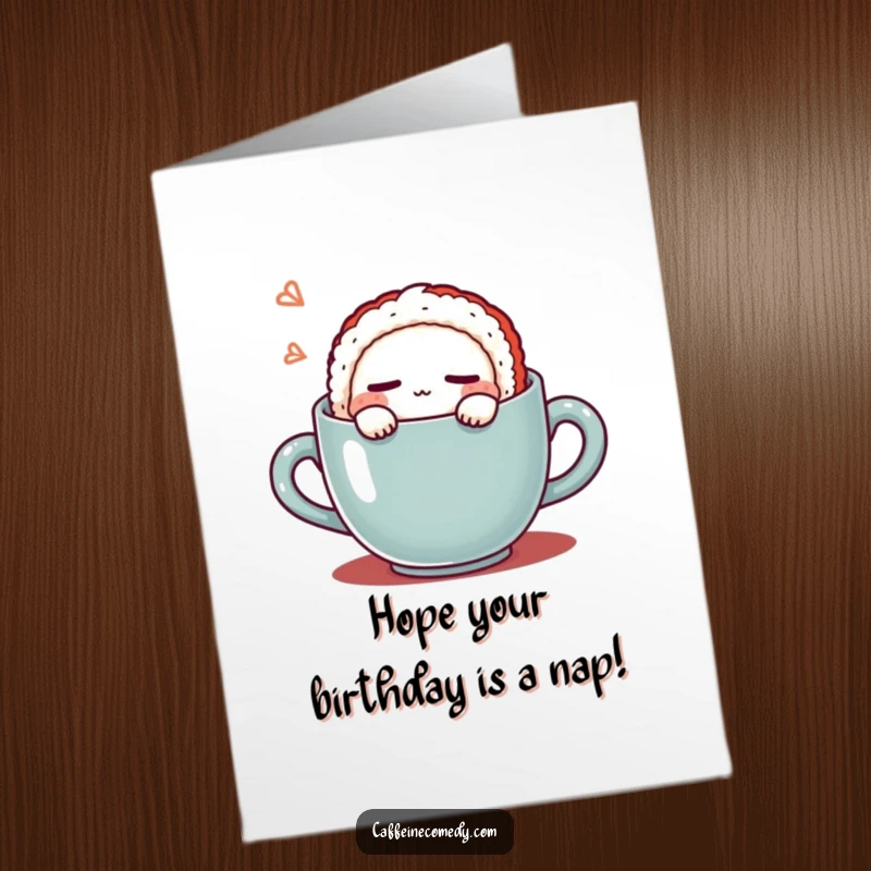 Funny Free Printable Birthday Card: Cute kawaii sushi character peacefully dozing off inside a warm coffee mug.