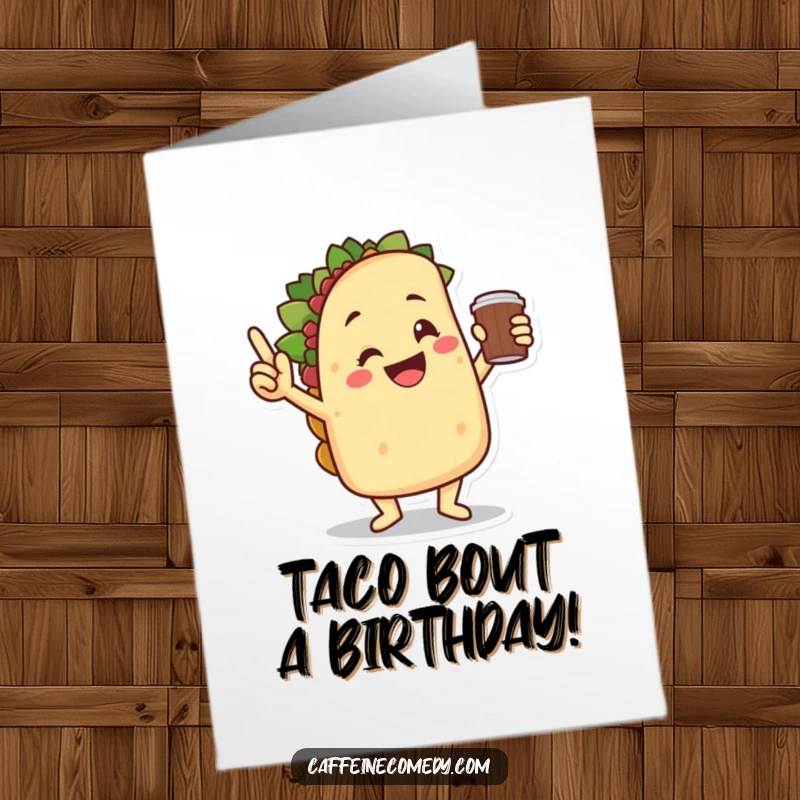 Funny Free Printable Birthday Card: Smiling taco character doing a triumphant victory dance, holding a coffee cup in celebration.