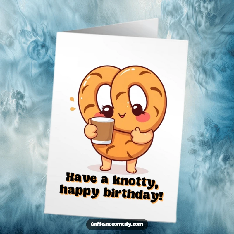Funny Free Printable Birthday Card: Curious pretzel character winks while offering a coffee cup with a friendly gesture.