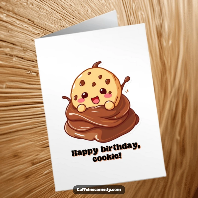 Funny Free Printable kawaii cookie character gleefully diving into a chocolate swirl, perfect for a birthday card.