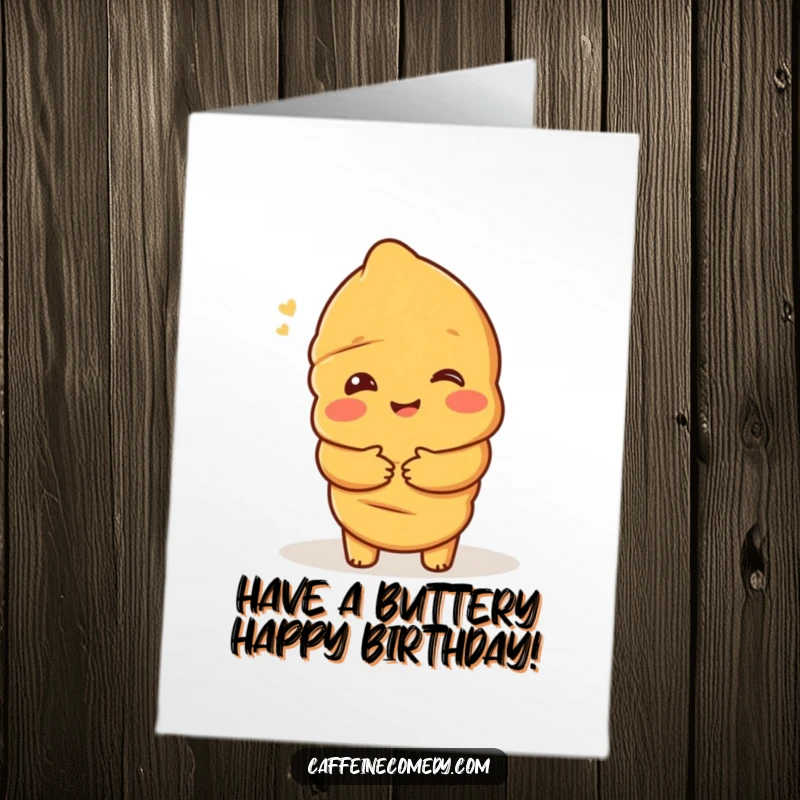 Funny free printable birthday card: a delighted croissant character offering a warm, inviting hug, spreading birthday joy.