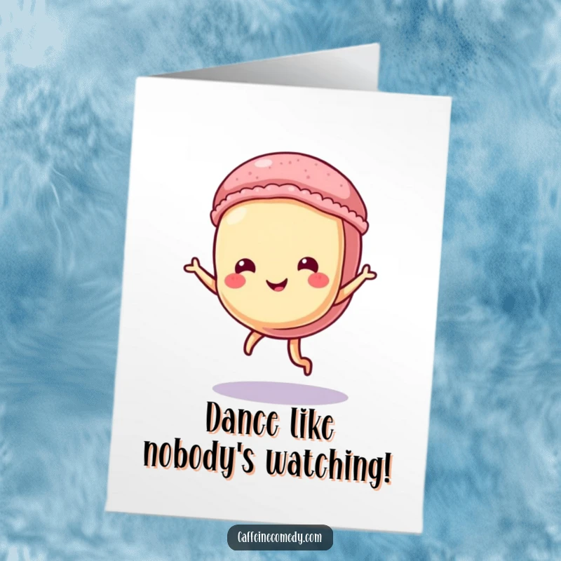Funny free printable birthday card featuring a playful macaron character doing a tiny, joyful dance, spreading festive cheer.
