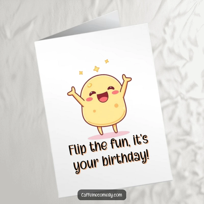 Funny Free Printable Birthday Card: A happy Kawaii pancake character mid-air flip, full of excitement and joy.