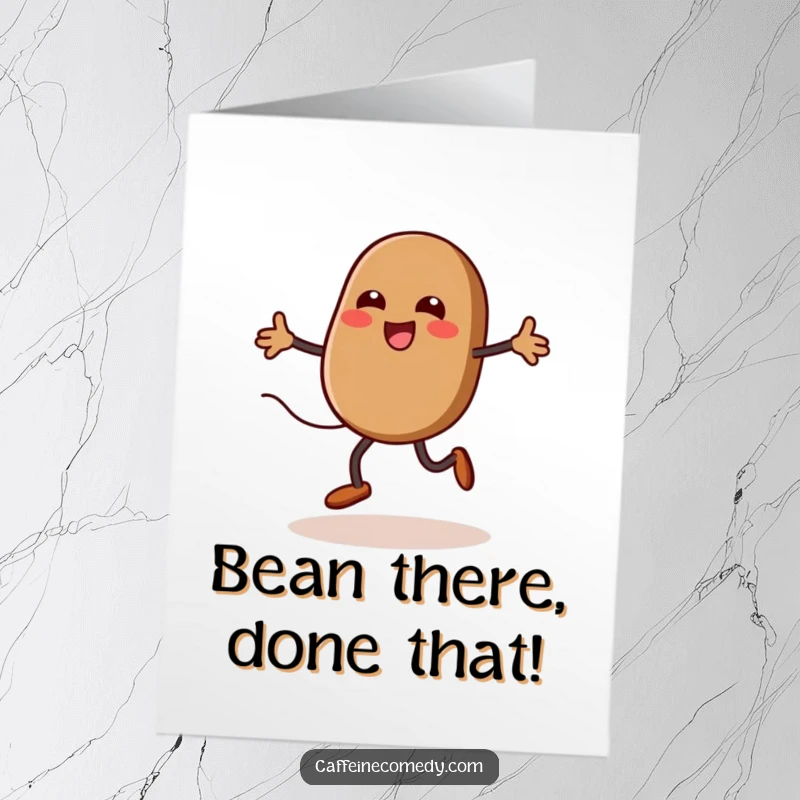 Funny Free Printable Birthday Card: Kawaii coffee bean with legs joyfully jumping rope, sending energetic wishes.