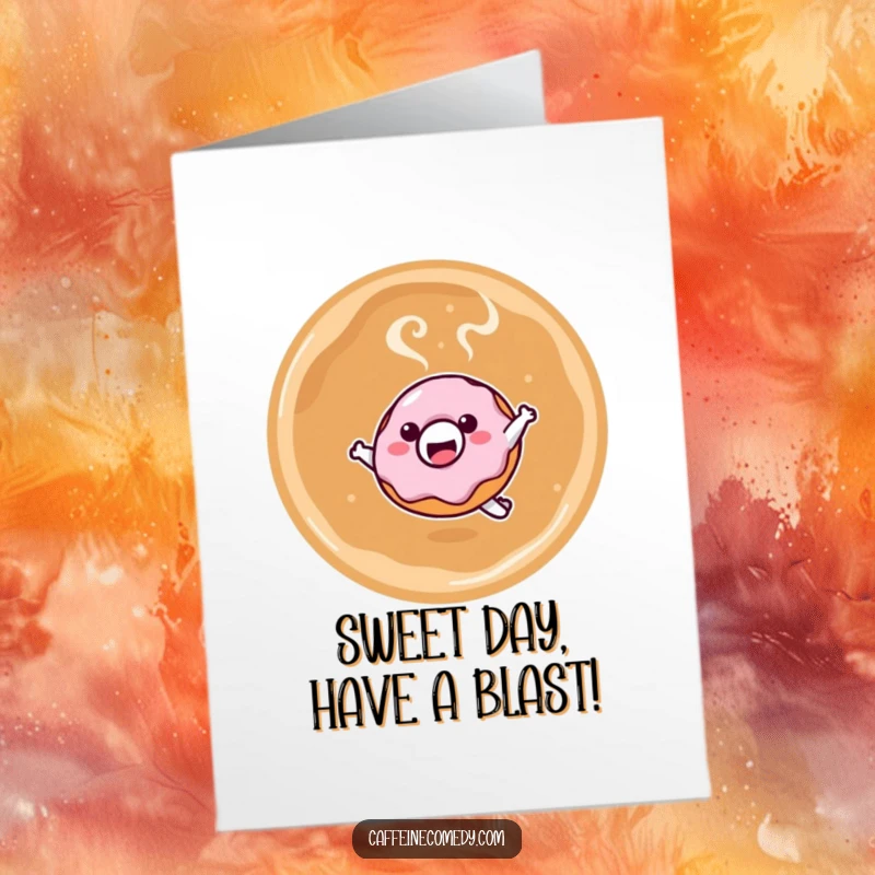 Funny Free Printable Kawaii Donut Birthday Card: A smiling donut character joyfully leaping into a steaming cup of coffee.