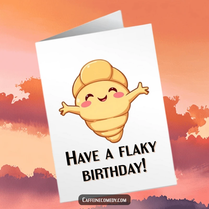 Funny Free Printable Croissant Birthday Card: A happy croissant character stretching its flaky arms, ready to celebrate a birthday.