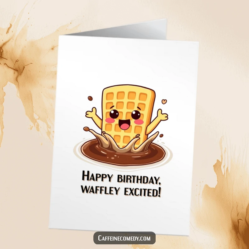 Funny Free Printable Birthday Card: Enthusiastic kawaii waffle joyfully splashing in a pool of coffee, celebrating.