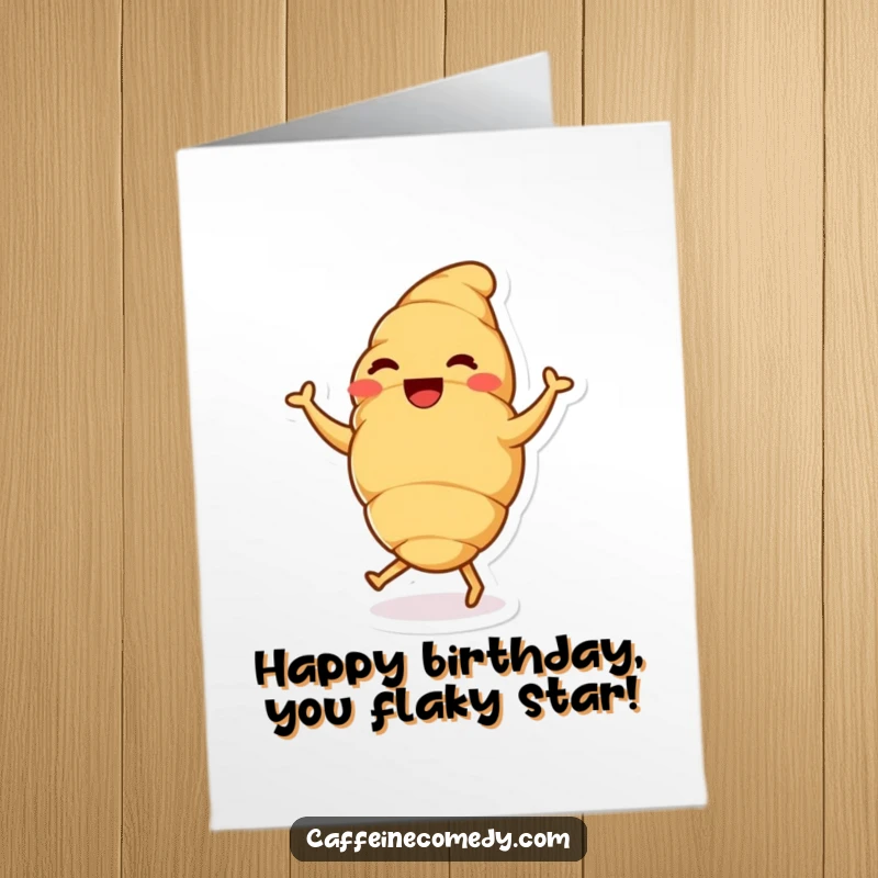 Funny Free Printable Birthday Card: A delighted croissant character mid-happy dance, radiating pure joy and celebratory energy.